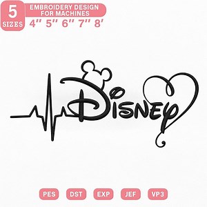 Disney Embroidery Design, Disney Heartbeat Heart Embroidery File, Mickey Head Disney Script, Cartoon Embroidery, 5 Sizes 4–8 Inch - Etsy