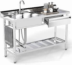 Stainless Steel Utility Sink, 47.2'' Free Standing Single Bowl Kitchen Sink with Right Drawer, Cold and Hot Water Pipe, Indoor and Outdoor for Laundry Room Farmhouse Kitchen(47.2 inch)