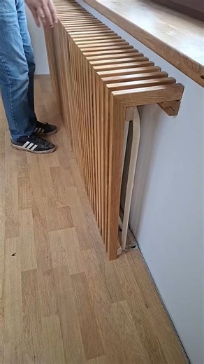 Woodworking Project Plans on Instagram: "Removable wooden radiator cover with vertical slats (acoustic-panel look). Easy to put on and take off in seconds - perfect for cleaning or quick access to the radiator."