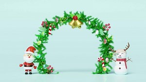 Download 3d wreath with santa, snowman, decorated branches of pine trees, jingle bell, holly berry leaves, clear glass lantern garlands, star. merry christmas and happy new year. 3d render for free