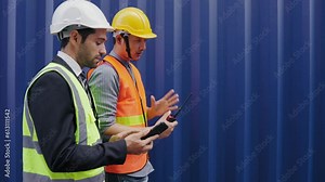 Expert worker man and engineer manager talking and consulting together in container logistic terminal. Engineer and labor man wear vest and helmet safety working in dock warehouse