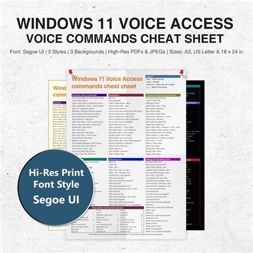Windows 11 Voice Access Commands Cheat Sheet – Segoe UI Font – PDF   Jpeg - Printable A3, US Letter and 18x24 - Punctuation & Symbol Phrases - Etsy