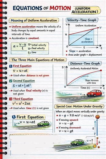 📘 EQUATIONS OF MOTION (Uniform Acceleration) Understanding motion is fundamental to mastering Physics. The three equations of uniformly accelerated motion form the mathematical foundation for analyzing velocity, displacement, time, and acceleration in a systematic way. From velocity–time graphs to motion under gravity, these principles enable learners to solve real-world problems with clarity and confidence. In this lesson, we break down: ✔️ The meaning of uniform acceleration ✔️ The three core