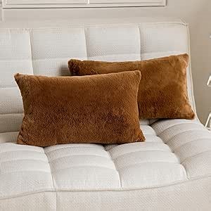 Demetex 12x20 Pillow Covers Rectangle Lumbar Faux Fur Throw Pillows for Bed Modern Soft Rust Plush Pillow Cases for Sofa Couch Bench Patio, Set of 2, 12 x 20 inch, Brown