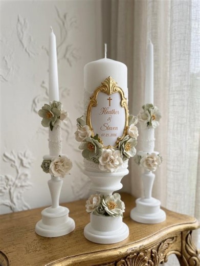 Sage Green Wedding Unity Candle Set: Custom Colors, Lace, Flowers & Personalized Frame - Etsy