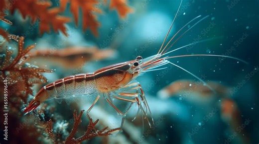 Detailed view of shrimp swimming gracefully in its underwater environment