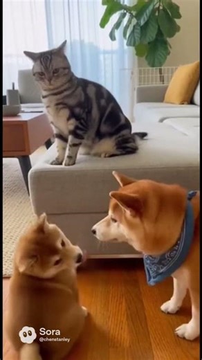 American shorthair Cat Smacks Shiba Puppy—Then Acts Innocent When Shiba Mom Walks In #funny