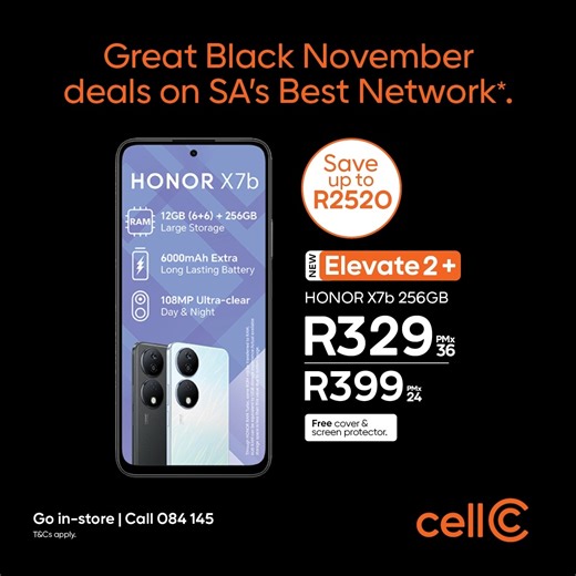 An Honor deal you cannot miss this Black November at Cell C! SAVE a stellar R2520 when you get the Honor X7b on an Elevate 2 plan from just R329 per month. Don’t miss out! Go in-store or call 084 145 now as stock is limited. T&Cs apply #NothingShouldStopYou #SwitchToSee | Cell C