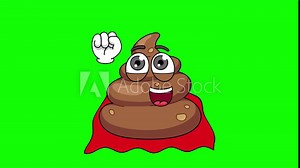 Superhero poop cartoon flying with red cape, green screen animation of flying mascot Stock Video