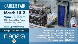 Niagara Bottling is hosting a Job Fair: March 1st & 2nd 9am-3:30pm 1001 SportsPlex Pkwy, Opelika, AL, 36801 Full-time, day or night shifts, 2-2-3 schedule, health insurance, 401k, PTO, and more. Register at: https://bit.ly/ALAFair | AIDT