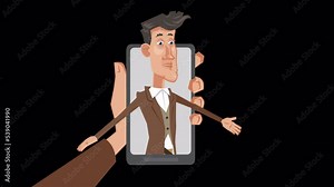 Cartoon stylish fancy guy character throws up his hands without understanding from online smartphone. Animation with alpha channel