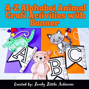 A to Z Alphabet Animal Cut and Paste Crafts | Alphabet Banner, Books, and Puppet