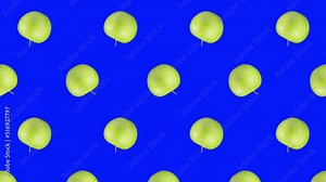 Minimal motion design - green apples rotating and moving down at blue color background. Trendy colors and style graphics. Seamless looping animation.