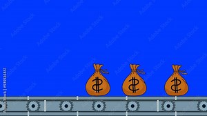 Cartoon design of a money machine. Animation showing a working money machine producing a lot of money in a pocket
