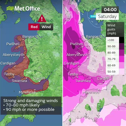 ⚠️⚠️🔴 Red weather warning issued 🔴⚠️⚠️ Strong and damaging winds across parts of Wales and southwest England Saturday 0300 – 1100 Storm Darragh will bring impacts to large parts of the UK from late Friday and into Saturday, with several weather warnings in force over the weekend. | Met Office