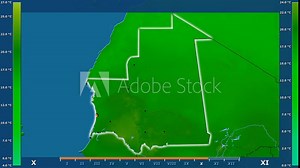 Minimum temperature by month in the Mauritania area with animated legend - glowing shape, administrative borders, main cities, capital. Stereographic projection