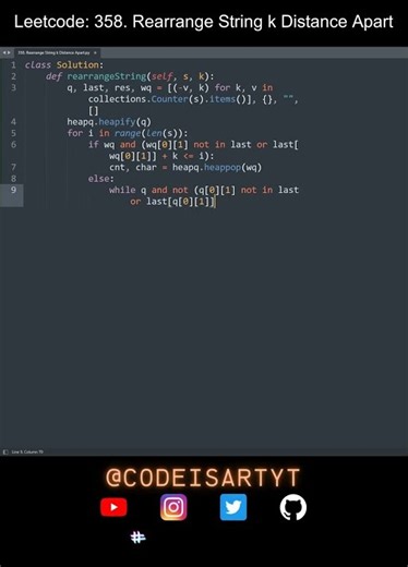 Leetcode 358. Rearrange String k Distance Apart in Python | Python Leetcode | Python Coding Tutorial