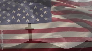 Animation of waving usa flag against silhouette of a cross on mountain against clouds in the sky
