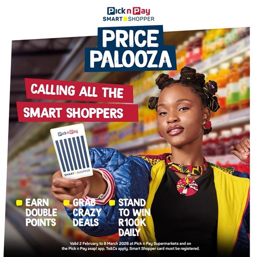Smart Shopper Price Palooza is BACK! Crazy deals. DOUBLE Smart Shopper points. And R100k given away every single day. Want a chance to win? Shop participating products in-store or on Pick n Pay asap! and swipe your registered Smart Shopper card. 🛒 Valid 2 Feb to 8 March 2026. Ts&Cs apply. #PnP #SSPricePalooza | Pick n Pay