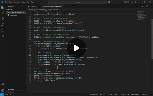 #codsoft #codsoft #recommendationsystem #ai #python #contentfiltering #collaborativefiltering #ml #internshiptask #task4 #aiprojects | Raviraj Kharade