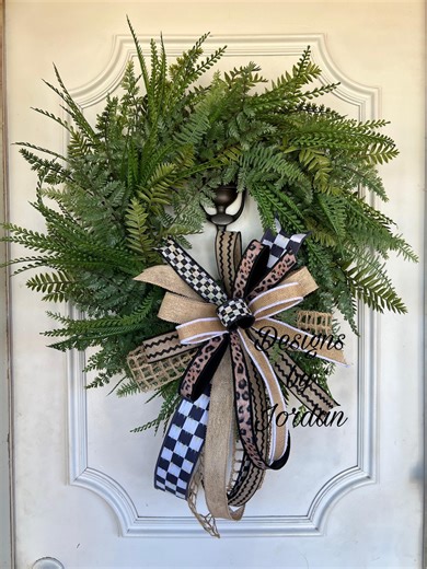 Farmhouse Fern Wreath – Designer Bow, Buffalo Check Ribbon - Etsy