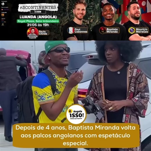 O humorista angolano Baptista Miranda desembarcou nesta segunda-feira, 25 de Maio, em Luanda, marcando o seu aguardado regresso a Angola integrado na equipa internacional do projecto “Achismos 3 Continentes”. O artista chegou acompanhado pelos humoristas Maurício Meirelles, Paul Cabannes e Paulo Chinês, numa iniciativa que promete unir diferentes culturas através do humor e entretenimento. Durante a estadia no país, o grupo realizará gravações especiais do projecto em Luanda e Benguela, aproxima