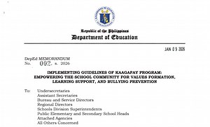 DepEd Memorandum 002, s. 2026 - Implementing Guidelines of Kaagapay Program: Empowering the School Community for Values Formation, Learning Support, and Bullying Prevention