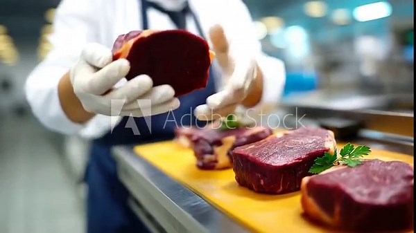 Expert hand inspecting, prime beef cuts, modern meat facility, processing plant environment, quality control activity, food safety emphasis, professional inspection work, faceless