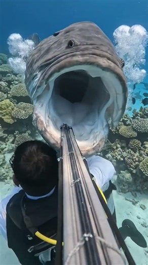 Giant grouper and man in intense scene under the sea.