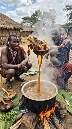 Tribal Feast |Cooking Bone Marrow Soup Over an Open Fire #tribalcooking#tribalfood#triballife#shorts