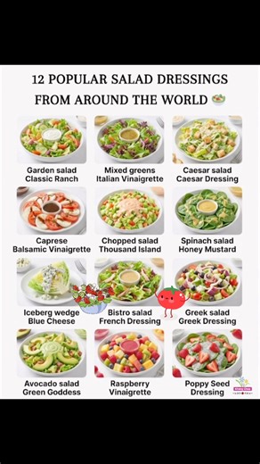 🥗 12 Popular Salad Dressings From Around the World! Fresh, vibrant, and perfect for every type of salad — from creamy ranch to tangy vinaigrettes and sweet poppy seed dressing. Save this list to try a new flavor every day! 🌍💚 Which one is YOUR favorite? 👇✨ Hashtags: #bychefkhengchea #saladrecipes #saladdressing #healthyrecipes #freshfood #homecooking #quickrecipes #simplecooking #foodlover #foodiegram #recipeideas #fblifestyle | Kheng Chea