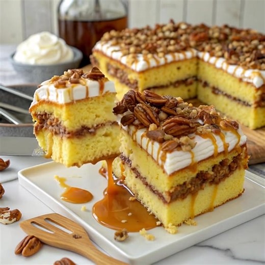 Butter Pecan Praline Poke Cake Ingredients: - 1 box yellow cake mix...