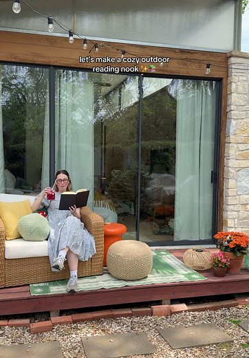 Let’s make a cozy outdoor reading nook together #worldmarketpartner #worldmarketfinds This little deck outside my bedroom has been sad and empty since we moved in 3 years ago but no more! It has been fully transformed into the comfiest reading space thanks to all my new goodies from @worldmarket! Specifically, this San Marcos chair is HUGE and so so comfy (Matilda and I easily fit with snacks). I also really appreciate how World Market has such a huge offering of fun outdoor accessories that mat