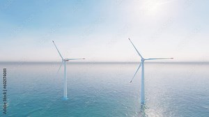 Windmill park. Offshore wind turbines farm on the ocean. Sustainable energy production. Green Energy, clean power, clean energy concept. Offshore windmill, blue sky.