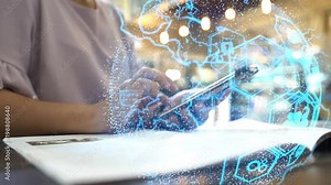 Hand touch screen smart phone, social icons interface on screen, connect to the future concept.