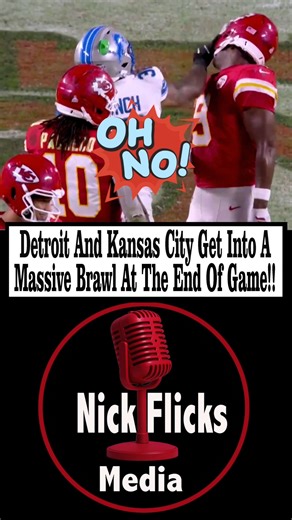 Detroit And Kansas City Get Into A Massive Brawl At The End Of Game! _____________________ The Kansas City Chiefs and Detroit Lions got into a major scuffle following the Week 6 game on Monday night. The fight started when Lions safety Brian Branch delivered an open-handed punch to Chiefs wide receiver JuJu Smith-Schuster when the two teams were meeting on the field following Kansas City's 30-17 win. Before that, Branch refused to acknowledge Chiefs quarterback Patrick Mahomes for a post-game ha