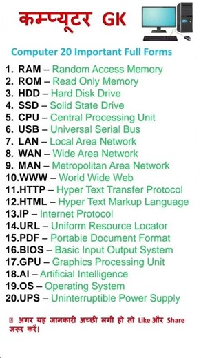 Computer Important Full Forms | Computer GK | CCC Exam Important Questions #Shorts #computer #gk