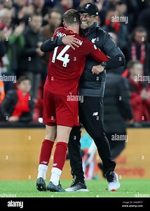 Liverpool, UK. 27th Oct, 2019. English Premier League Football, Liverpool versus Tottenham Hotspur; Liverpool manager Jurgen Klopp hugs Jordan Henderson of Liverpool after the final whistle - Strictly Editorial Use Only. No use with unauthorized audio, video, data, fixture lists, club/league logos or 'live' services. Online in-match use limited to 120 images, no video emulation. No use in betting, games or single club/league/player publications Credit: Action Plus Sports/Alamy Live News Stock Ph