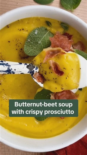 Sheet pan, meet soup season. This creamy recipe has 10 grams protein, 6 grams fiber, and tons of vitamins & antioxidants. 🔎 “Butternut-beet soup with crispy prosciutto” in the WeightWatchers app. | WeightWatchers