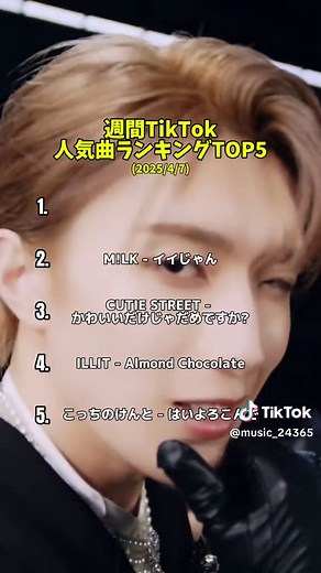 【週間TikTok人気曲ランキングTOP5(2025/4/7)】 #こっちのけんと #はいよろこんで #illit #almondchocolate #cutiestreet #かわいいだけじゃだめですか? #milk #イイじゃん #candytune #倍倍fight