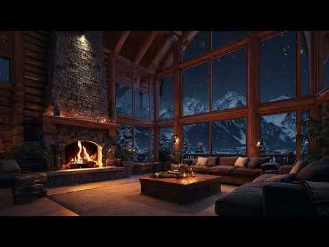 Snowy Mountain Cabin Night Ambience with Cozy Fireplace and Winter Wind Sounds for Deep Sleep
