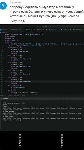 Сделал свой текстовый магазин в VS CODE (PY) #python #coding #code #vscode #пайтон #магазин #кодекс
