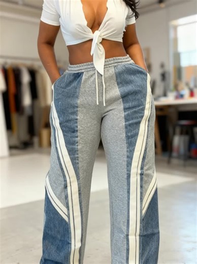 women's fashion denim striped print drawstring straight leg pants #Fashion #Style #OOTD #Clothing #OutfitInspo