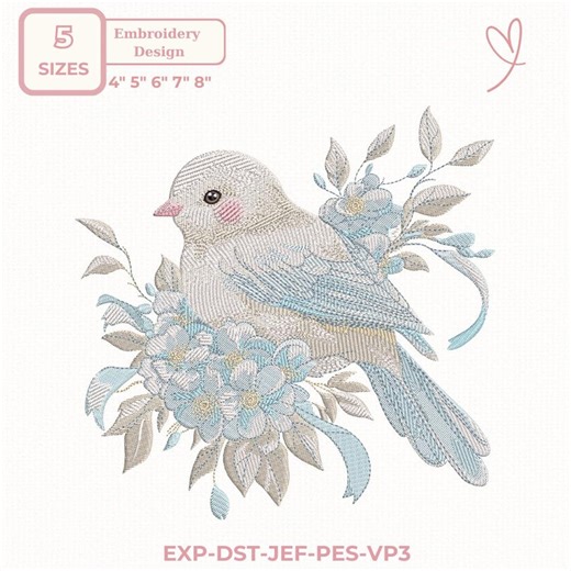 Floral Bird Embroidery Design, Vintage Pastel Blue Bird With Flowers, Machine Embroidery File, 5 Sizes, Dst,des, Exp, Jep, Vp3 - Etsy