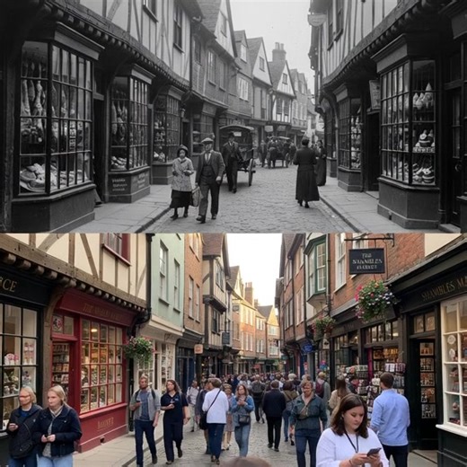 The Shambles in York, one of Europe's best-preserved medieval streets, captured in a 1930s photograph and its timeless appearance today. With its overhanging timber-framed buildings and narrow cobbled street, this historic lane, once a street of butchers' shops, continues to captivate visitors with its unique character. | WarWhiz