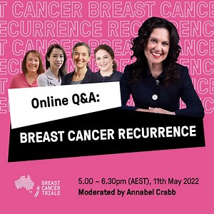 Recurrence is when breast cancer returns years after an initial diagnosis. The fear of recurrence is very real and extremely common. In this Q&A, moderated by TV presenter Annabel Crabb, our expert panel will discuss living with the fear of recurrence and the help that’s available. Register for the event and submit your questions by clicking on the link. | Breast Cancer Trials