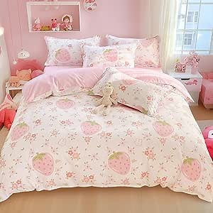 SOULZZZ White Pink Duvet Covers Full Size - Pink Strawberry Bedding Full Comforter Sets 3 PCS Valentine's Day Gift Duvet Cover & 2 Pillow Shams (No Comforter)