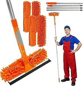 Window Cleaning Squeegee Kit with Cleaning Cloth Cover Spliced, Hanging 2 in 1 Window Squeegee Cleaner with 6ft/72.4" Extension Pole, Practical Window Cleaning Tool for Window Shower Car Glass Mirror