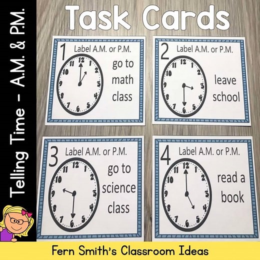 Telling Time A.M. and P.M. Task Cards for Second Grade