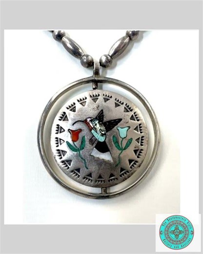 Old Pawn Zuni Inlay Cardinal Hummingbird Necklace Turquoise Coral Inlay Vintage